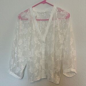 H&M White Sheer Floral Lace Blouse